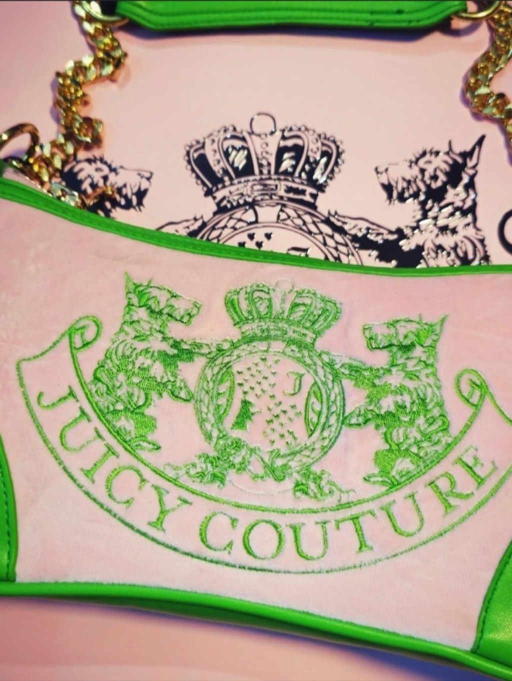 Juicy Couture Uk Pink And Green Velour Shoulder Bag